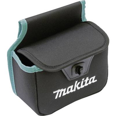 Black tool bag with green trim and white 'makita' lettering, closing flap at the top. Designed for portability and protection.