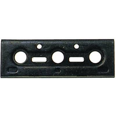 A rectangular plastic component with circular and elongated holes, likely part of an electronic or mechanical device.