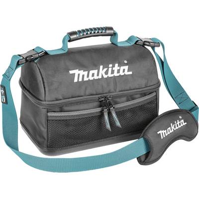 Black tool bag with the 'Makita' logo in white, featuring a blue carry strap and front zips.