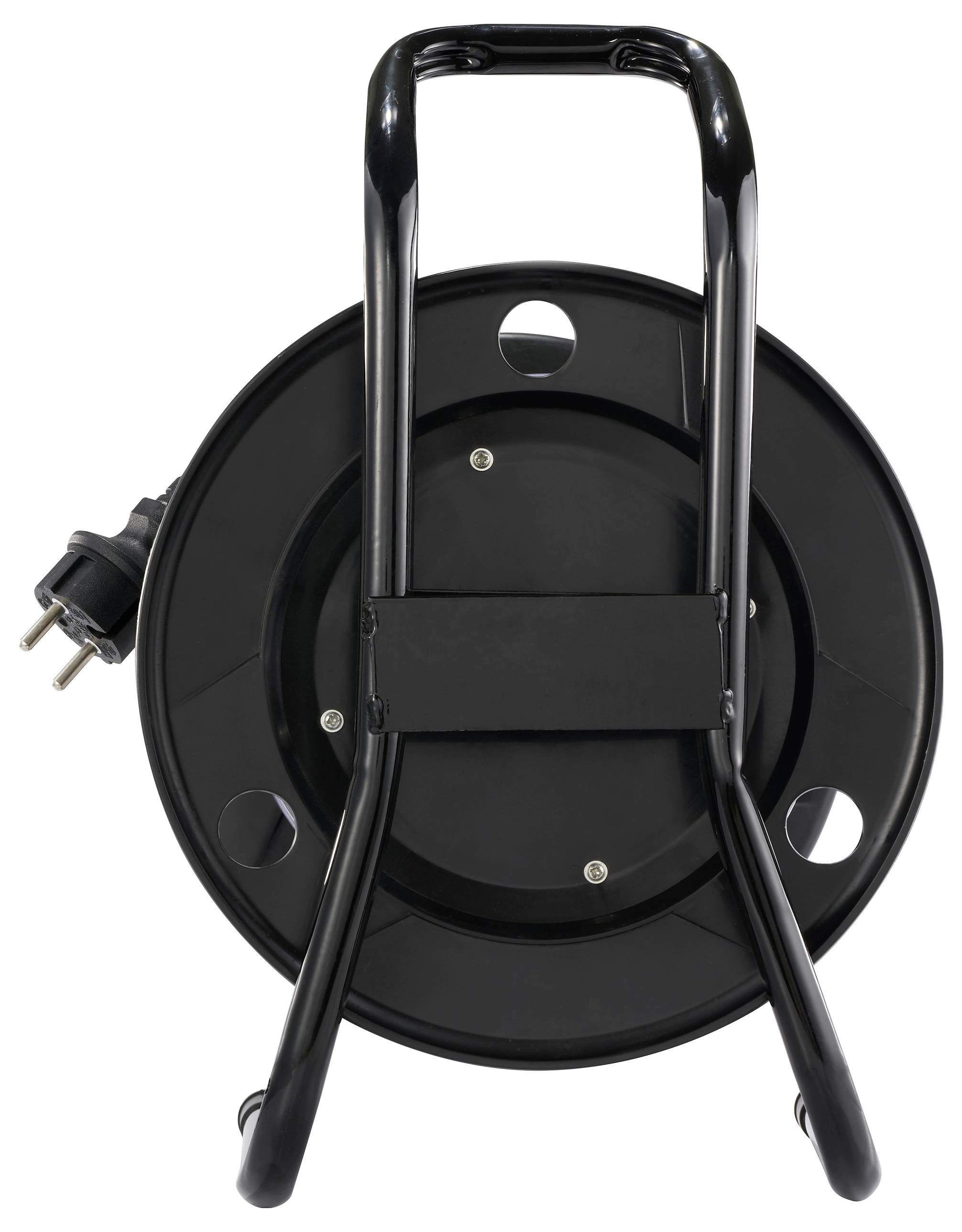 A black cable reel with an attached power cable, suitable for indoor use.