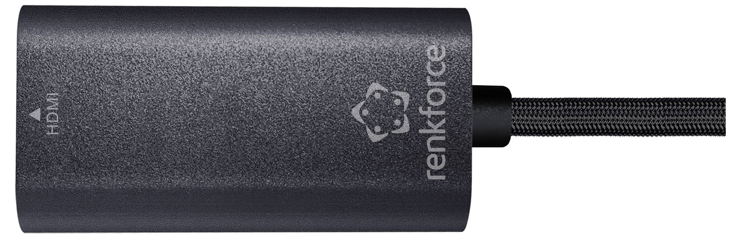 'Renkforce' branded HDMI cable end, black and textured, with a braided cord.
