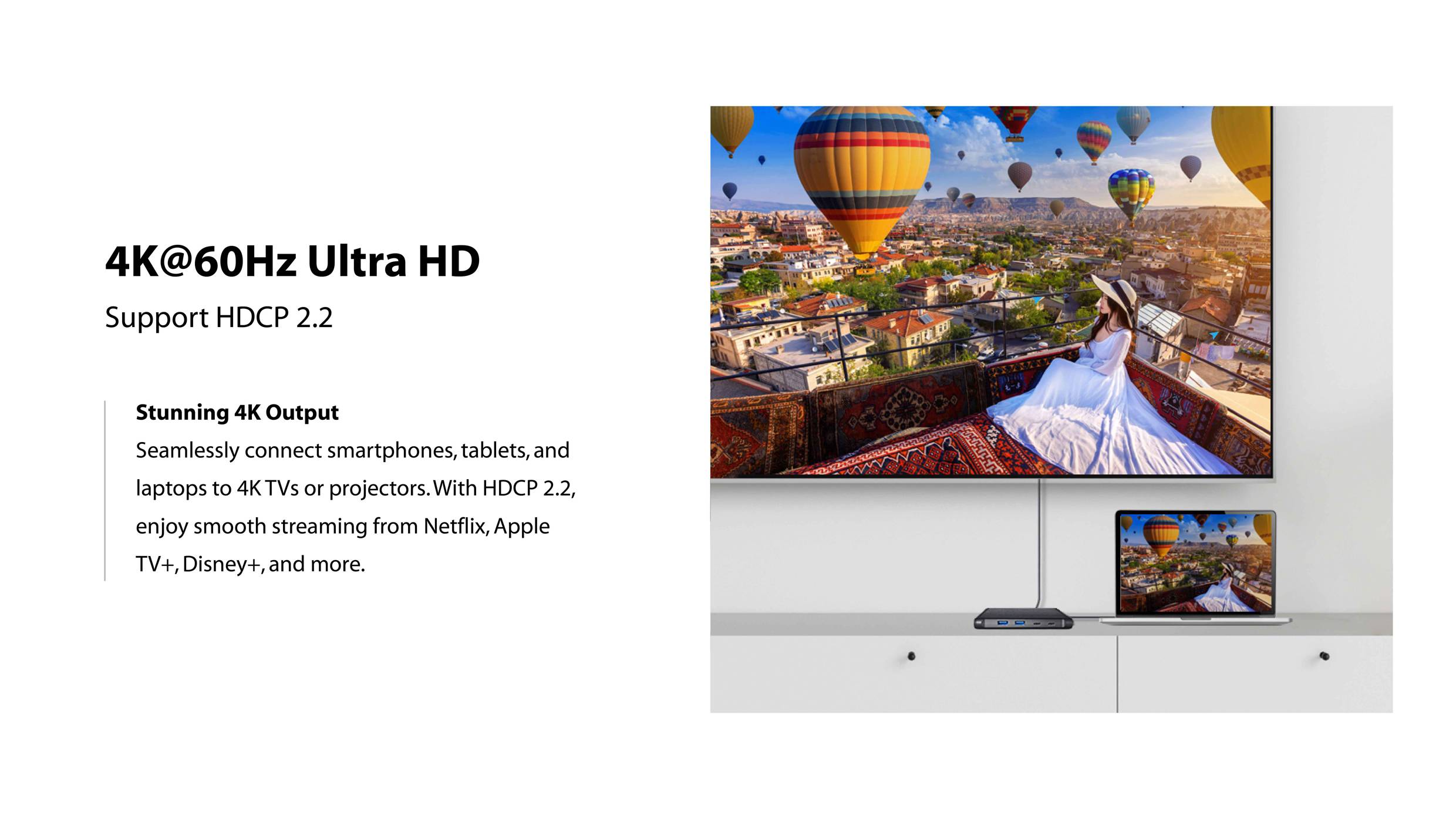 'Television displays colourful hot air balloons over a city. Text describes 4K@60Hz Ultra HD and HDCP 2.2 support for smooth streaming.'