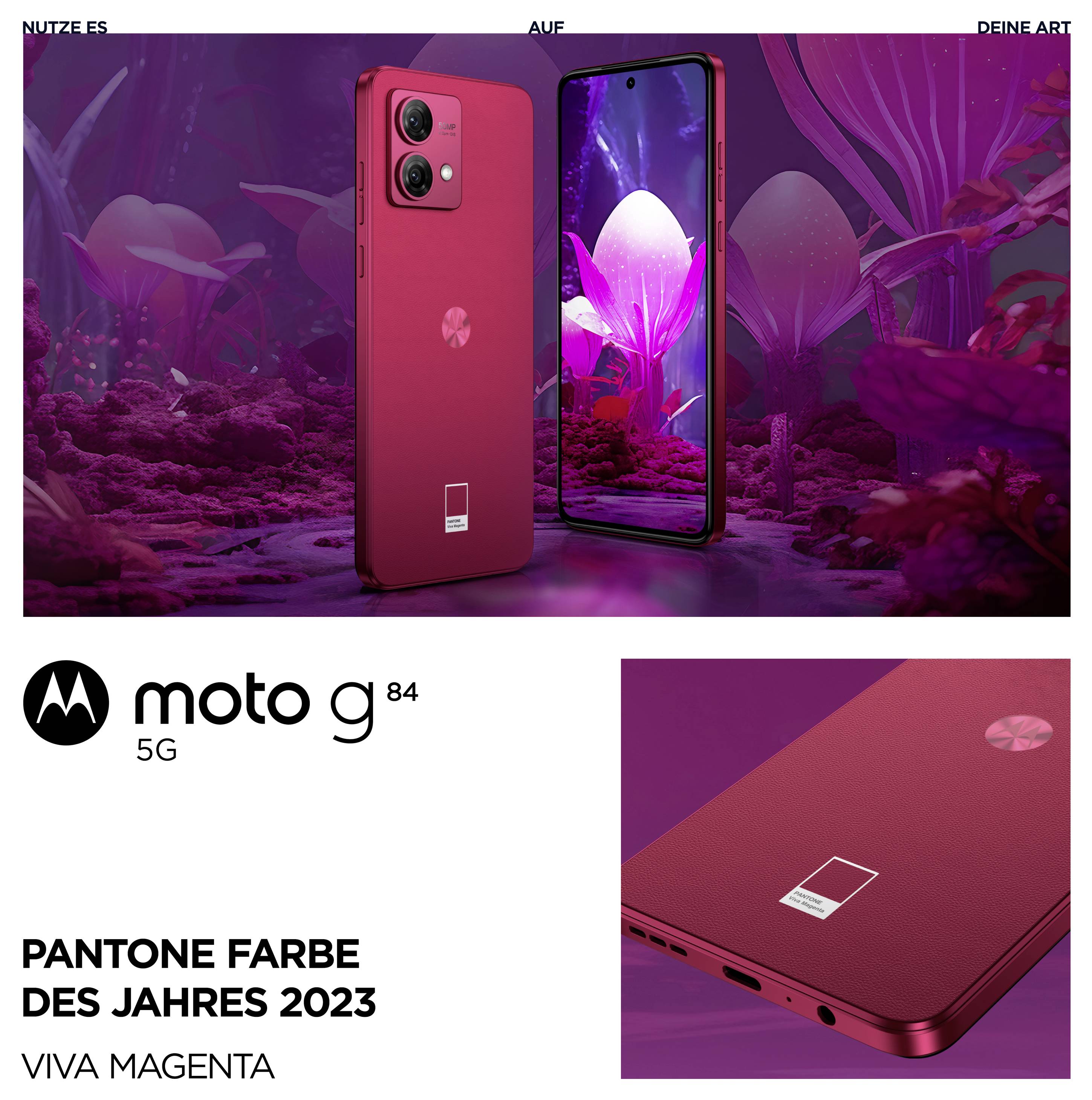 Smartphone with a red frame and large display; time, date, and weather information shown at the top. Screen displays an abstract pattern.