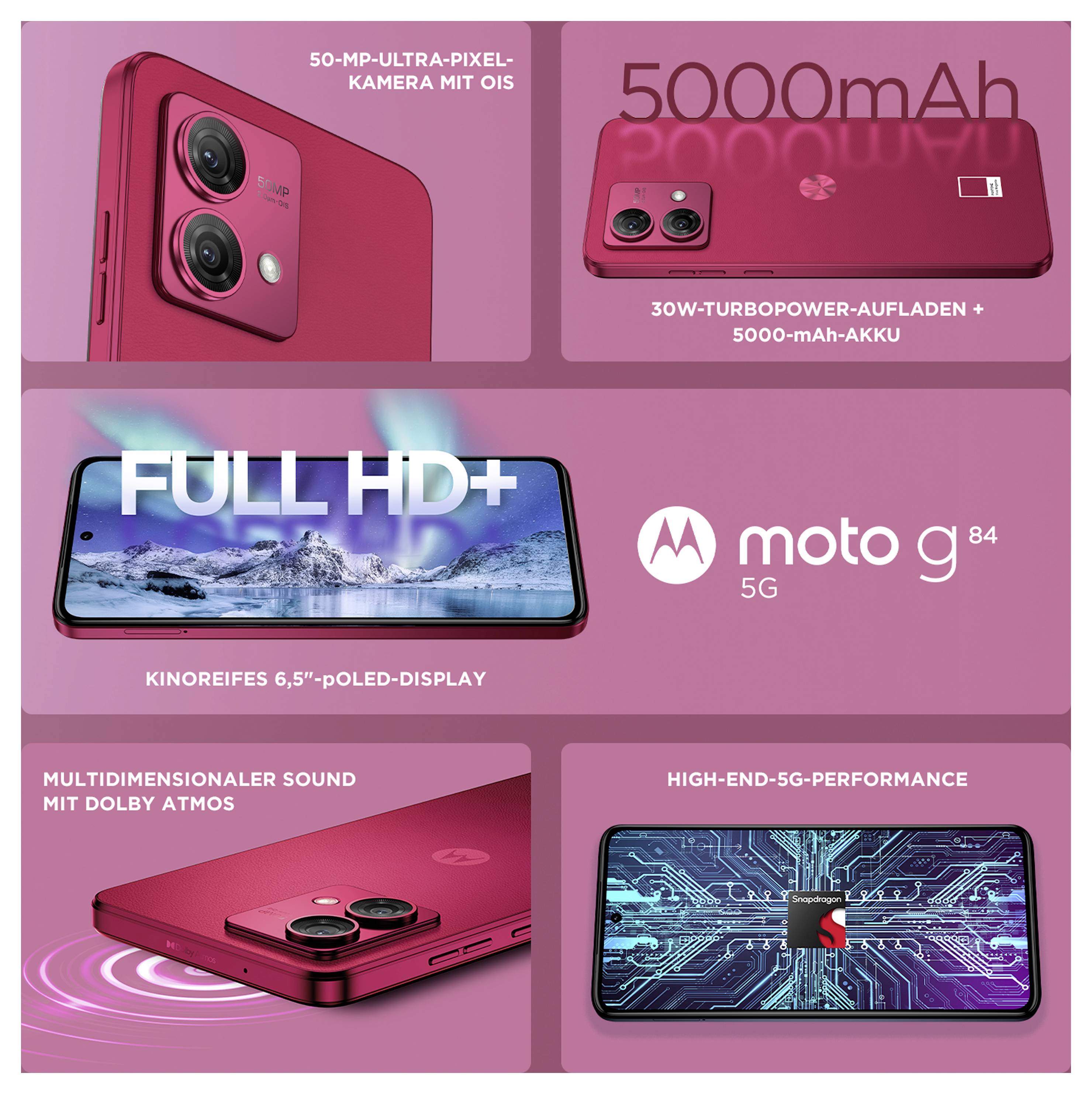 A modern smartphone with a red frame and display screen; with an abstract lilac-orange design in the background.