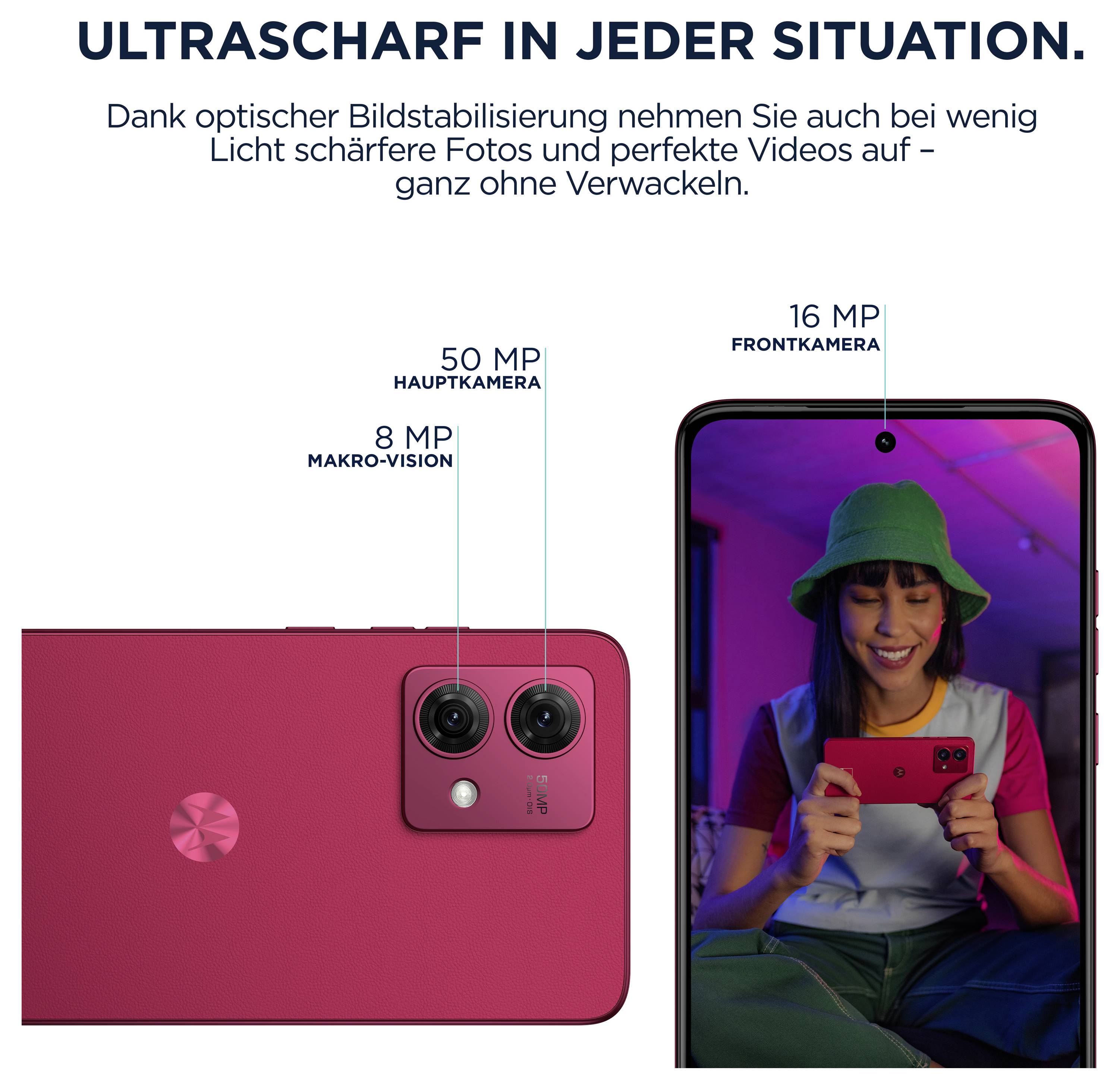 The image shows a red smartphone with a 50 MP main camera and 8 MP macro lens. A display shows a woman taking a selfie with the 16 MP front camera. Text: 'Ultra-sharp in every situation'.