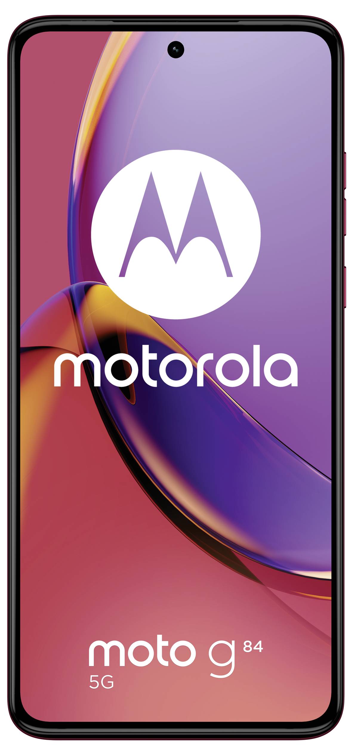 A smartphone displaying the Motorola logo with the text 'moto g84 5G' on the screen. The background features red and purple hues.