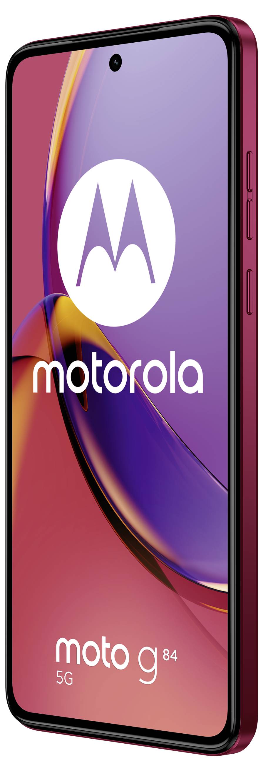 Red Motorola Moto G84 5G smartphone displayed at an angle, showing the screen with Motorola logo and phone's name.