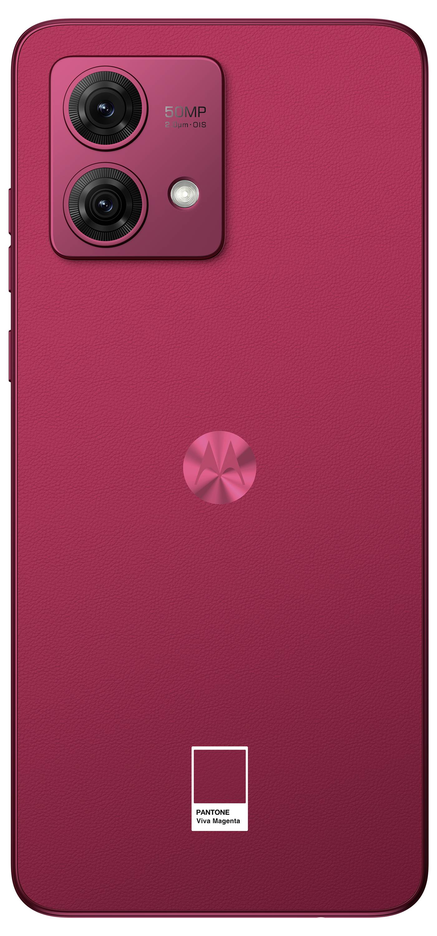 'Bright red smartphone with dual rear cameras and a textured back.'