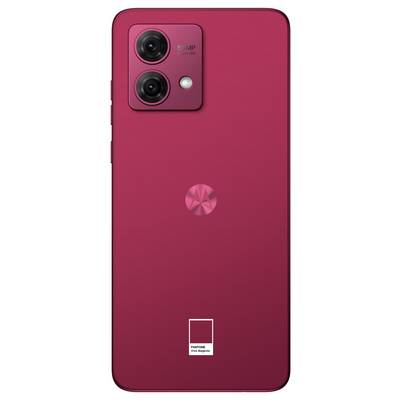 'Bright red smartphone with dual rear cameras and a textured back.'