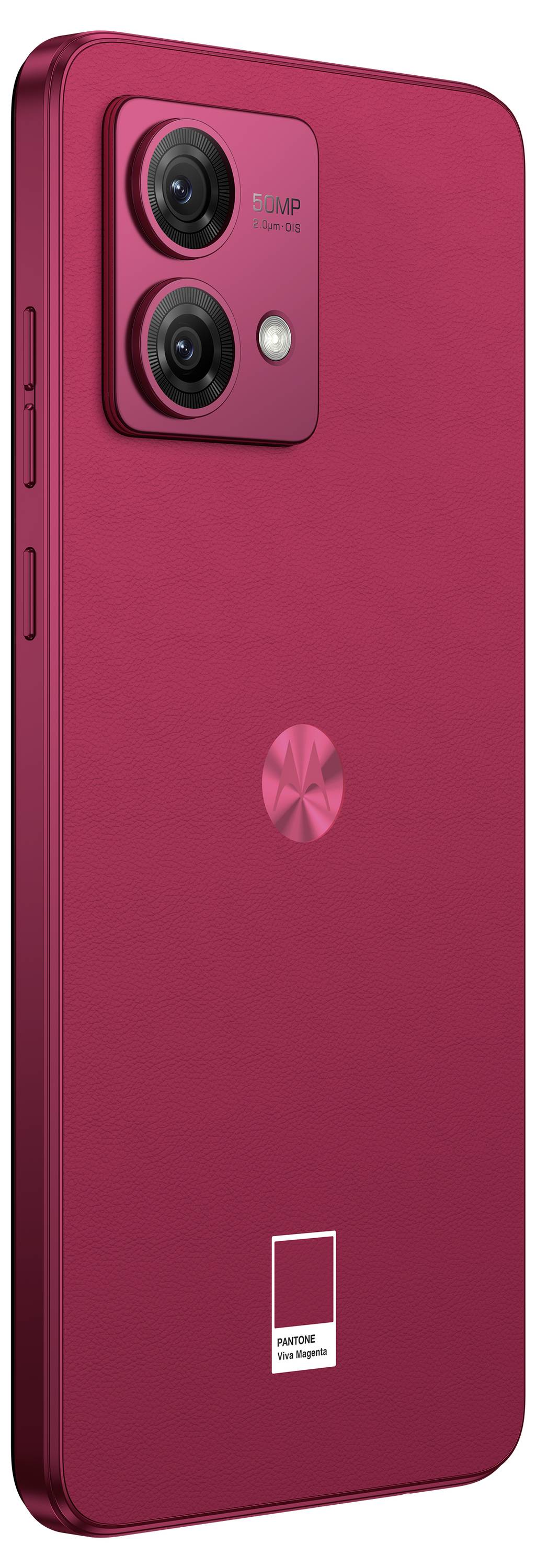 A red smartphone featuring a dual camera setup on the back with buttons along the side edge.