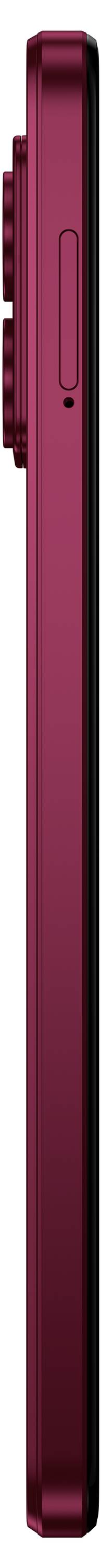 Side view of a red smartphone, highlighting the sleek design, a button on the right, and a camera bump on the back.