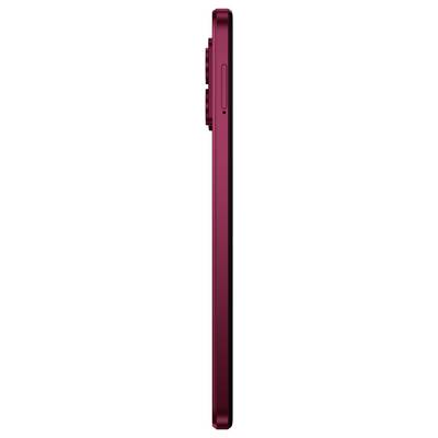 Side view of a red smartphone, highlighting the sleek design, a button on the right, and a camera bump on the back.