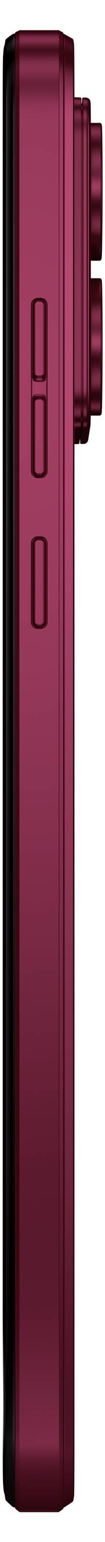 Side view of a red smartphone showing two buttons and a slightly protruding camera.