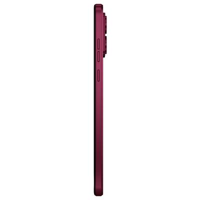 Side view of a red smartphone showing two buttons and a slightly protruding camera.