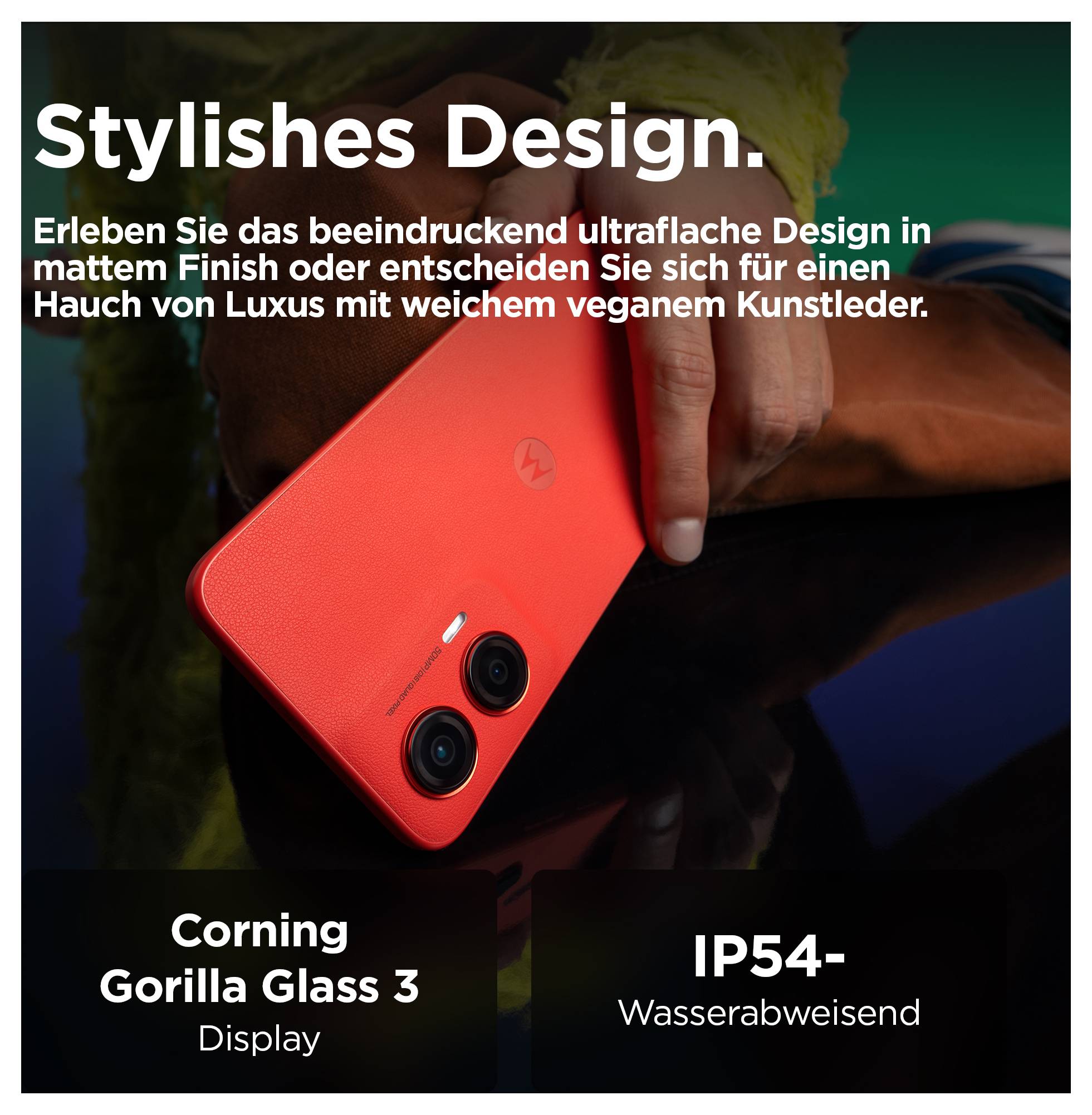 Red smartphone 'Moto G' with 5G technology, display showing abstract red waves and white 'moto' logo.