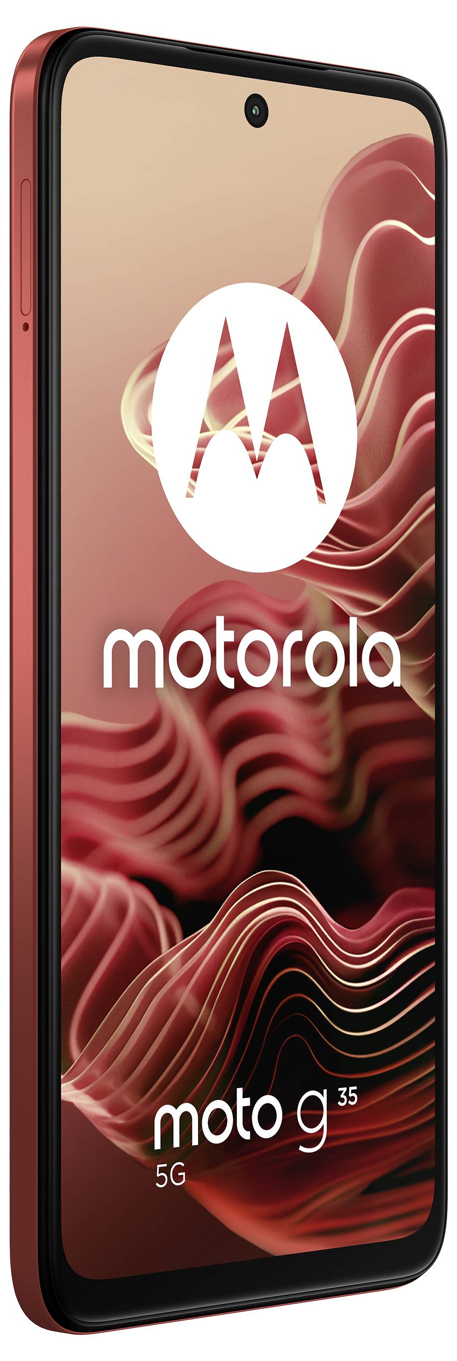 Red Motorola smartphone with 'moto g 5G' logo displayed on the screen, featuring a flowing wave pattern background.