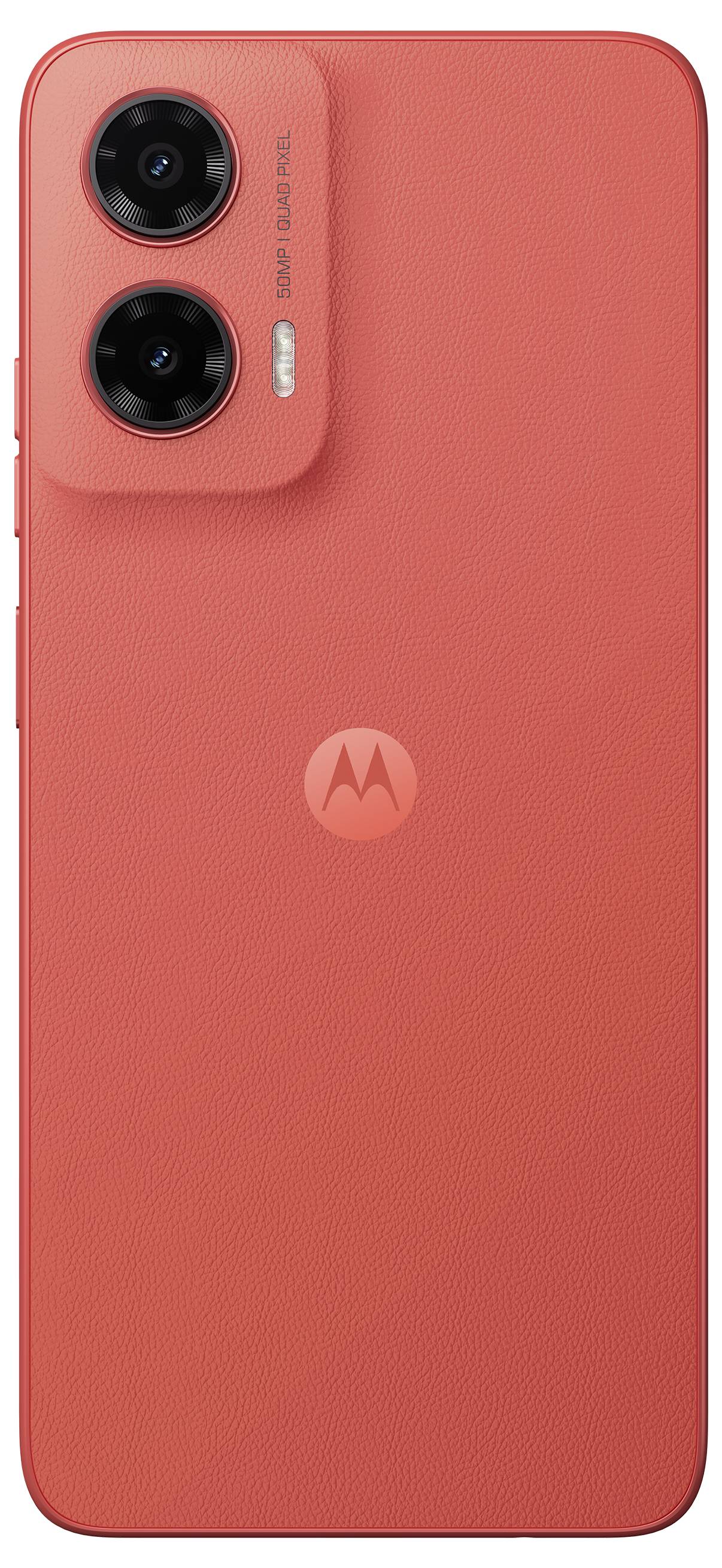 A red smartphone from the back view, featuring dual cameras with '50MP' and '1.4 um' labels beside them.