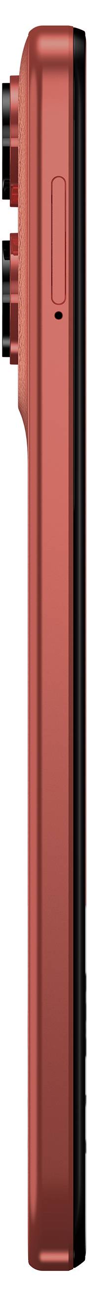 Side view of a slim, red smartphone with dual cameras, showing the sleek design and camera placement.