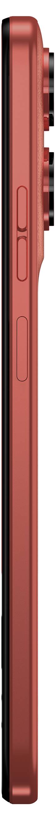 Side view of a red smartphone showcasing its slim profile and dual rear camera lenses. The volume and power buttons are visible on the side.