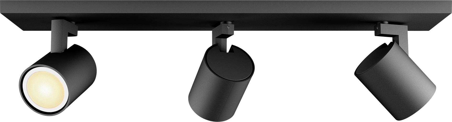 Triple black ceiling spotlight with a modern, minimalist design; one light is switched on and glowing warmly.