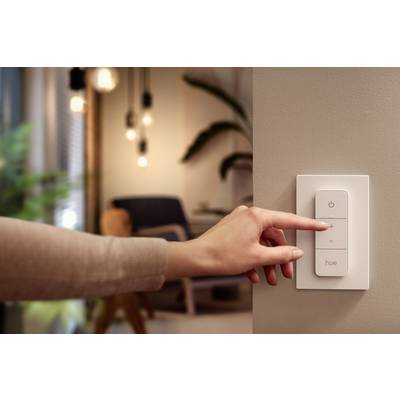 A hand presses a light switch to turn on the light in the cosily illuminated room. In the background, plants and lamps are visible.