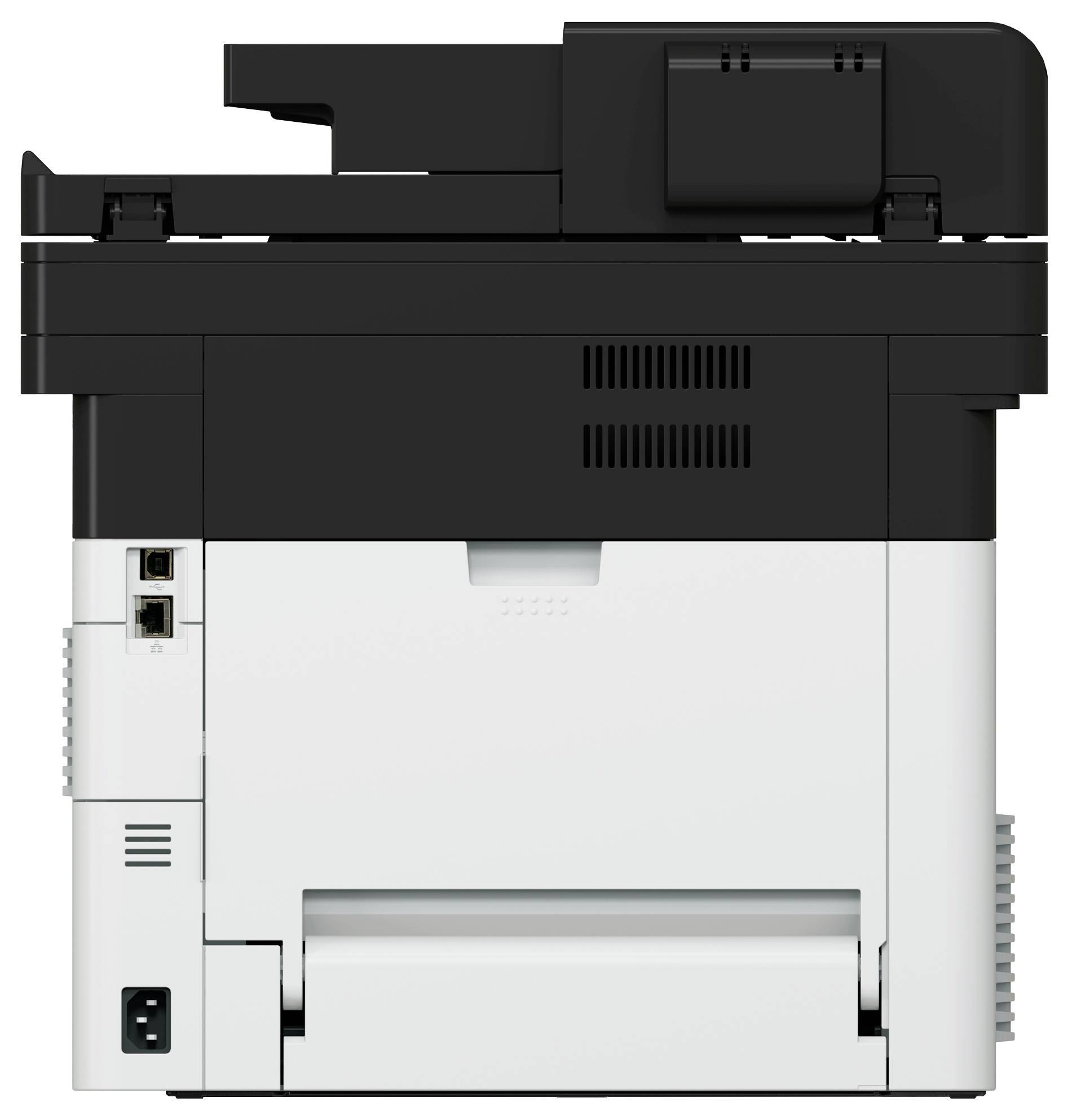 A black and white multifunction printer with scanner and copier functions. Rear view shows connection options and paper output.