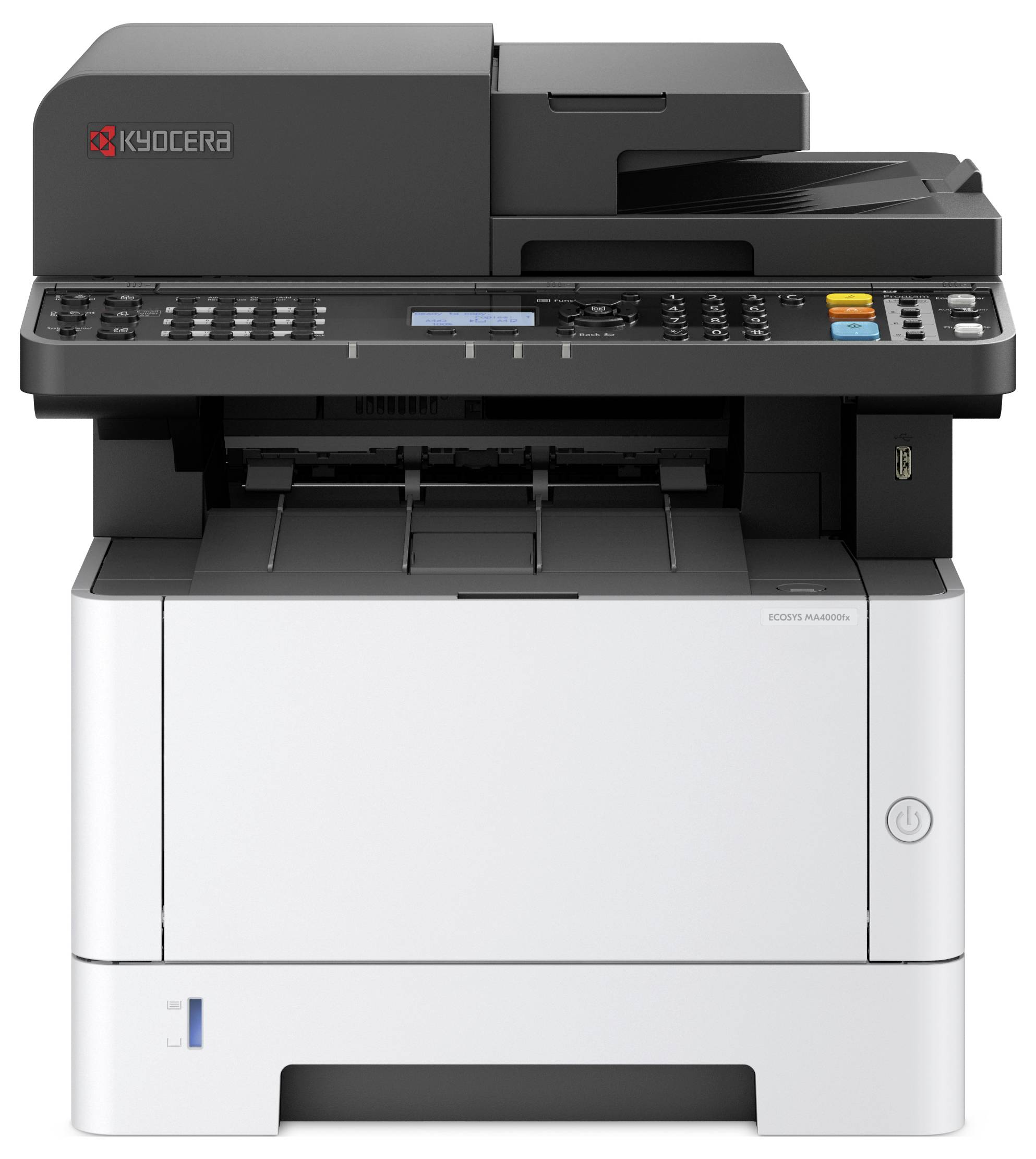Black and white photocopiers and printers by Kyocera, with control panel on top and paper tray at the bottom. Suitable device for office use.