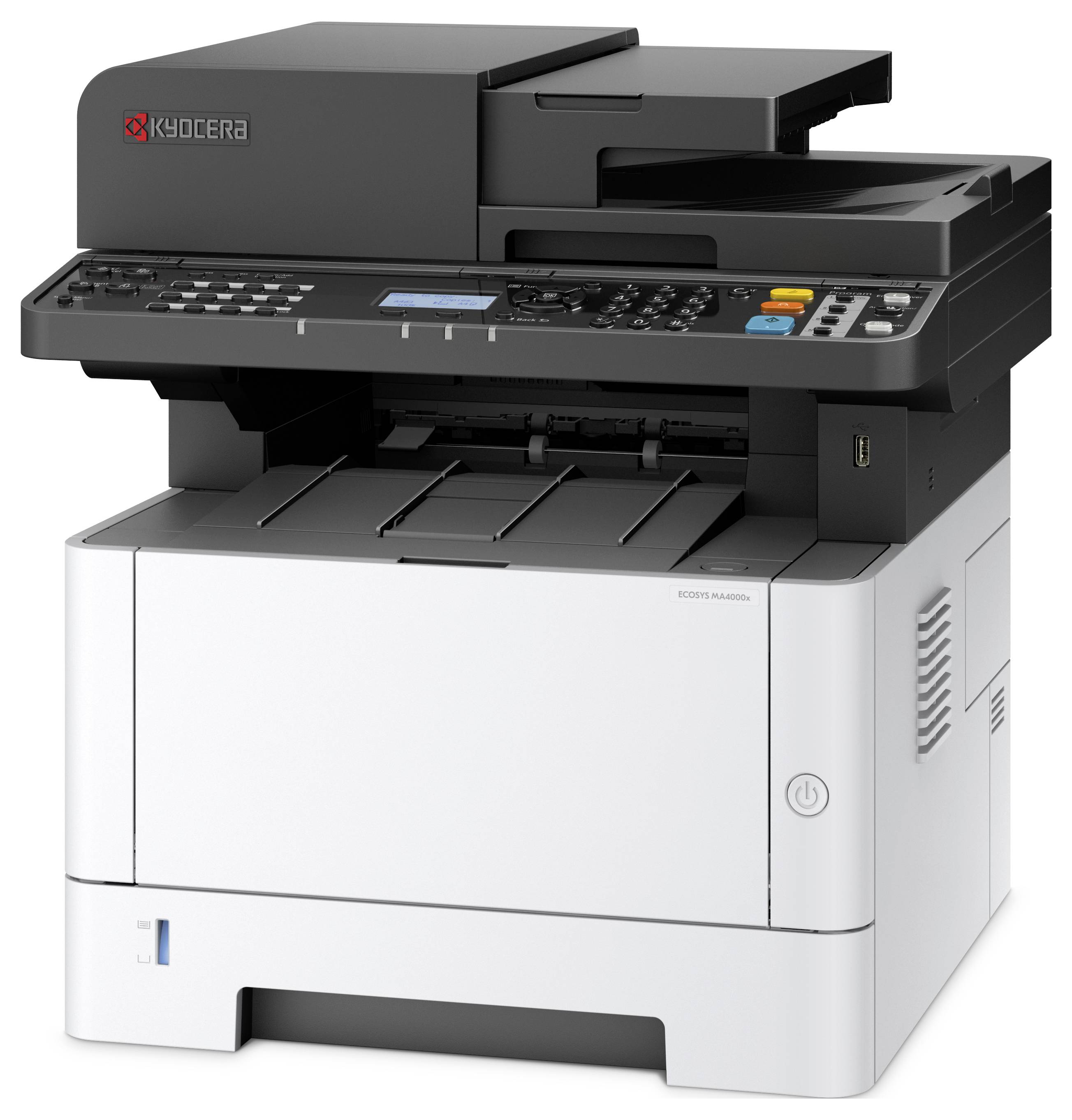 A black and white multifunction printer with a keypad and display. Brand logo in the top left corner.