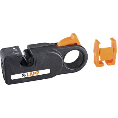 Black and orange cable stripping tool by "Lapp". On the left is the main body with a handle, on the right a removable blade.