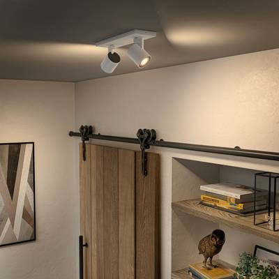 A minimalist living room with a pivoting spotlight, an artwork on the wall, a wooden bookshelf with books and an owl as a decorative piece.