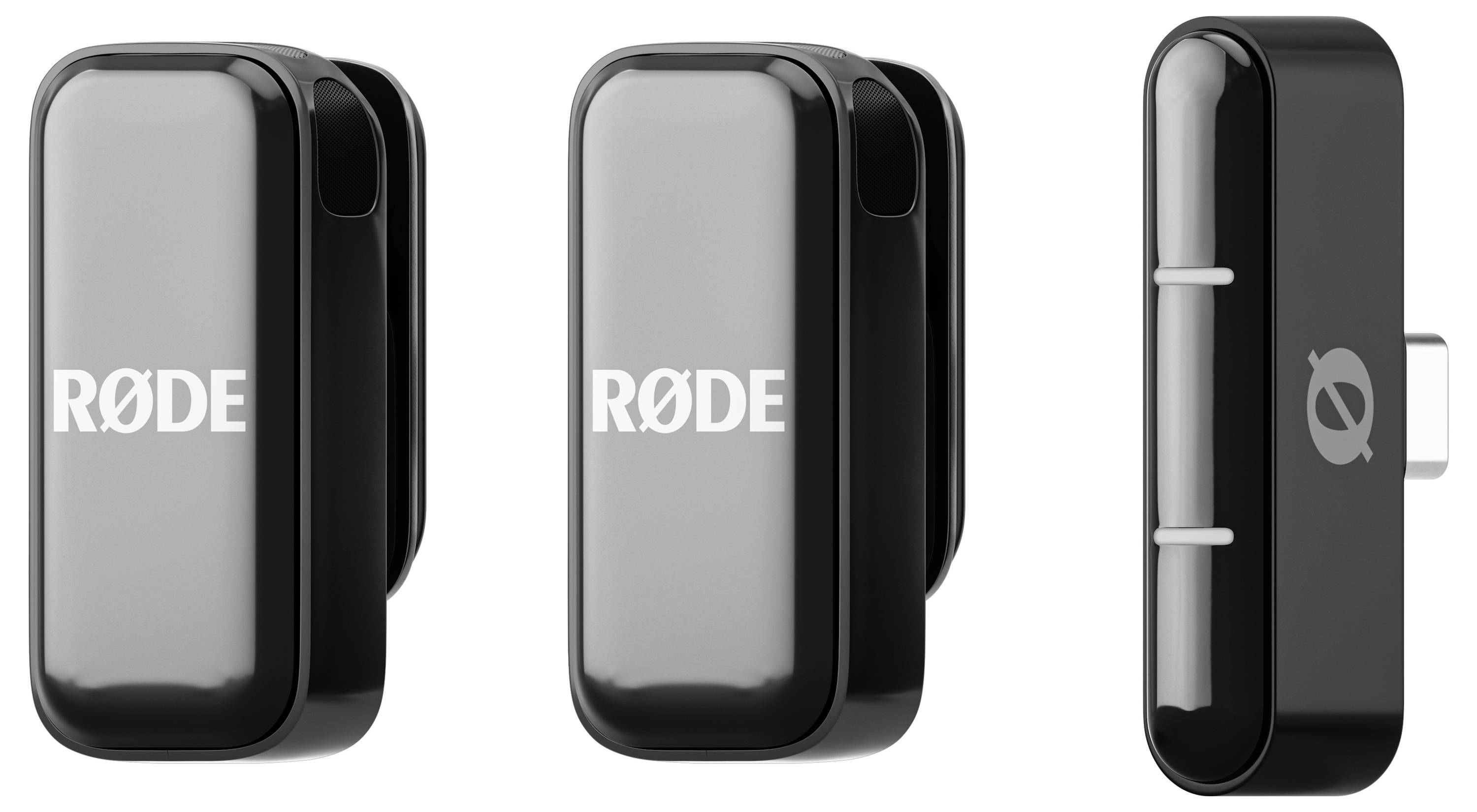 Three black, rectangular microphones with the 'RØDE' logo on the front, shown from different perspectives.