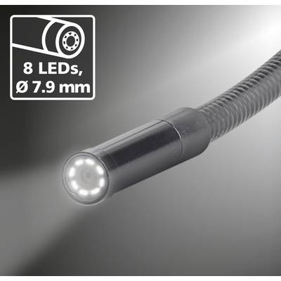 Endoscope camera with flexible swan neck, 8 LEDs illuminating at the front. Text in image: '8 LEDs, Ø 7.9 mm'