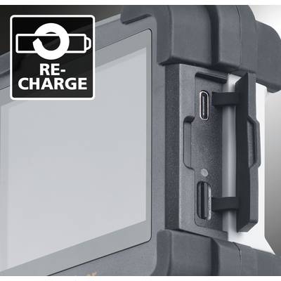 Close-up of an electronic device housed in a robust black casing. A symbol with the text 'RE-CHARGE' indicates its charging function.