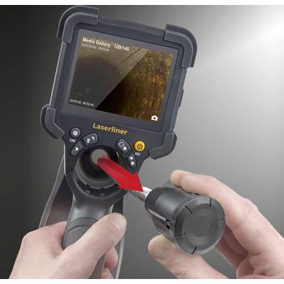 A person is holding a hand-operated inspection device by Laserliner. The screen displays an enlarged image with the image number '120/140'.