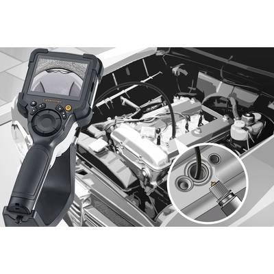 An endoscope shows the interior of an engine compartment. An image section enlarges the detail of a spark plug in the cylinder head.