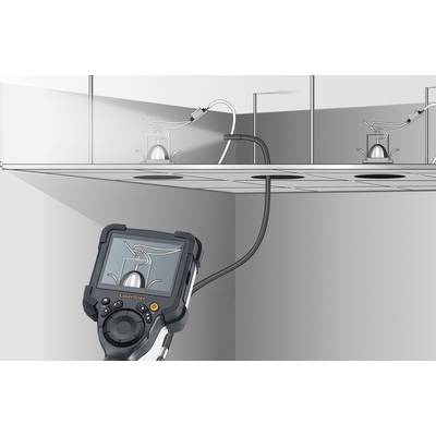 An endoscope is used to inspect cable installations in a suspended ceiling, as shown by the direct display on the screen.
