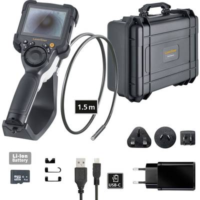 Inspection Camera Set: digital camera with 1.5 m flexible cable, robust carry case, Li-Ion battery, USB-C cable, power supply and adapters.