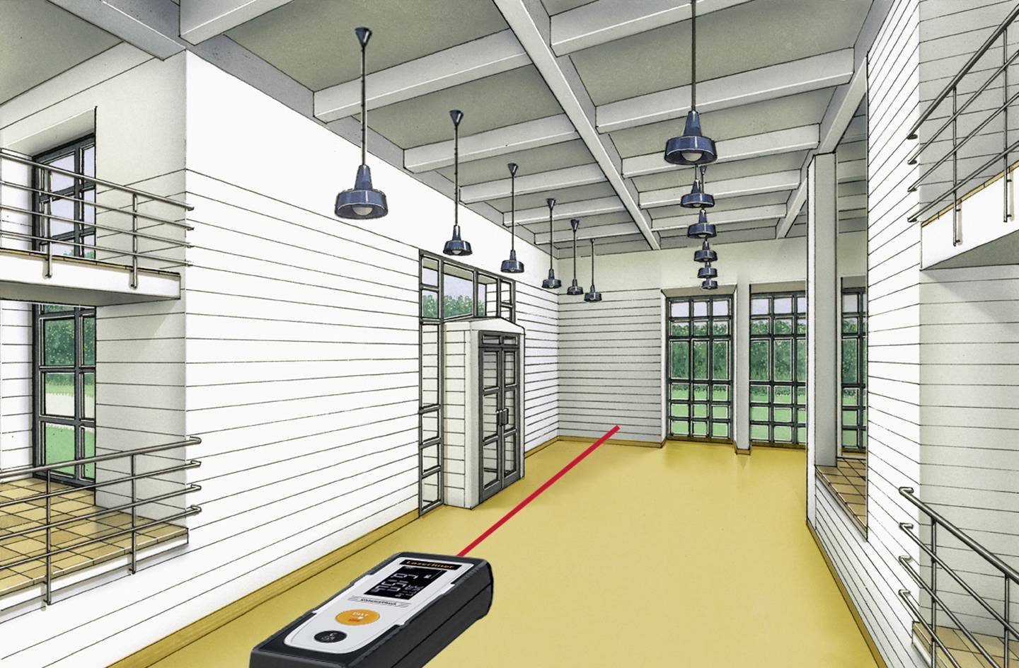 A laser rangefinder measures the distance in a large, modern room with high ceilings and large windows.
