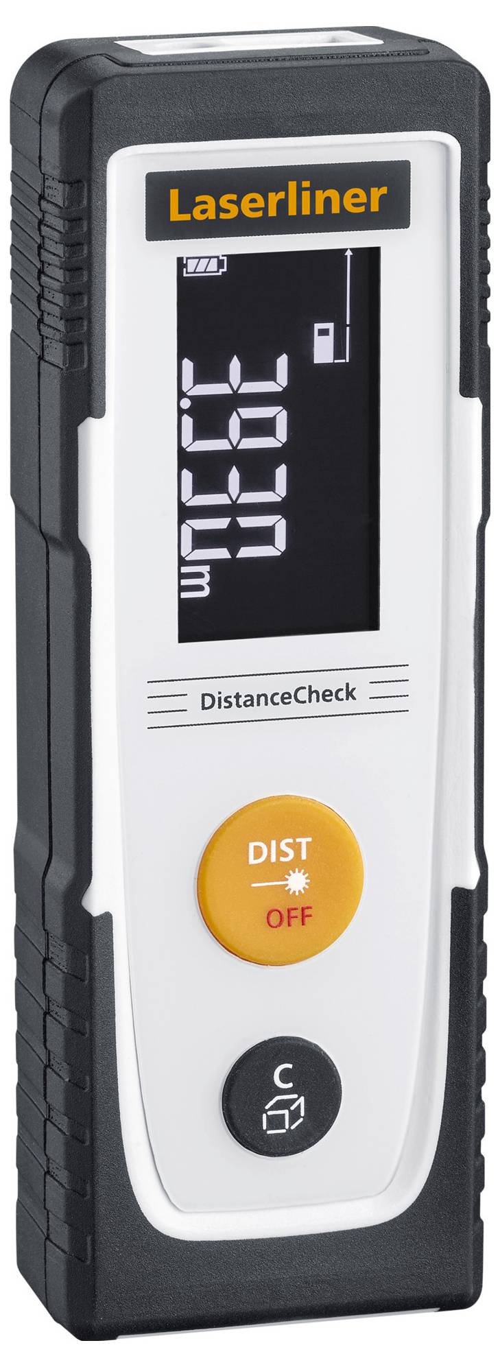 Digital laser distance measuring device with black and white display and orange buttons for 'DIST' and 'OFF'. Displays measurement readings.