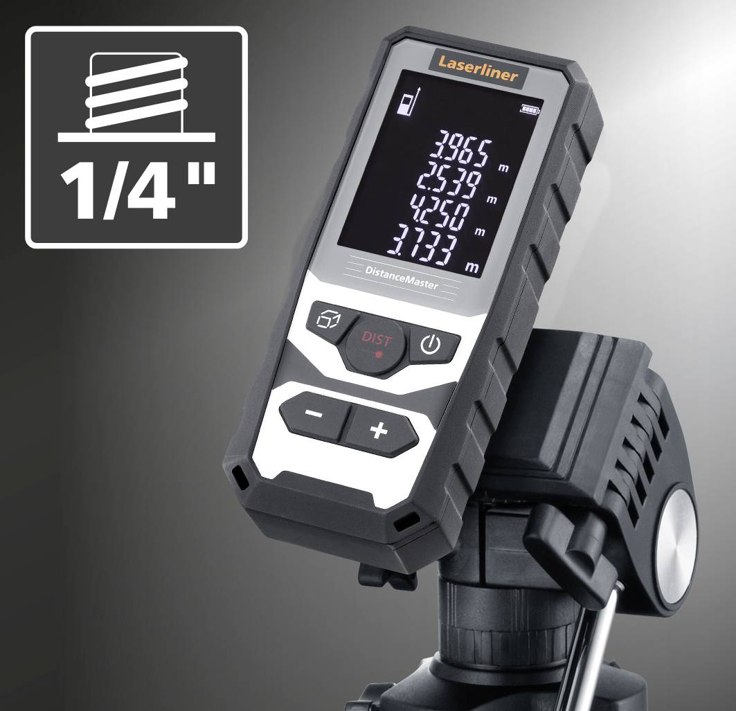 Distance measuring device on a tripod, with digital display for various measurement values. 1/4-inch thread symbol visible.