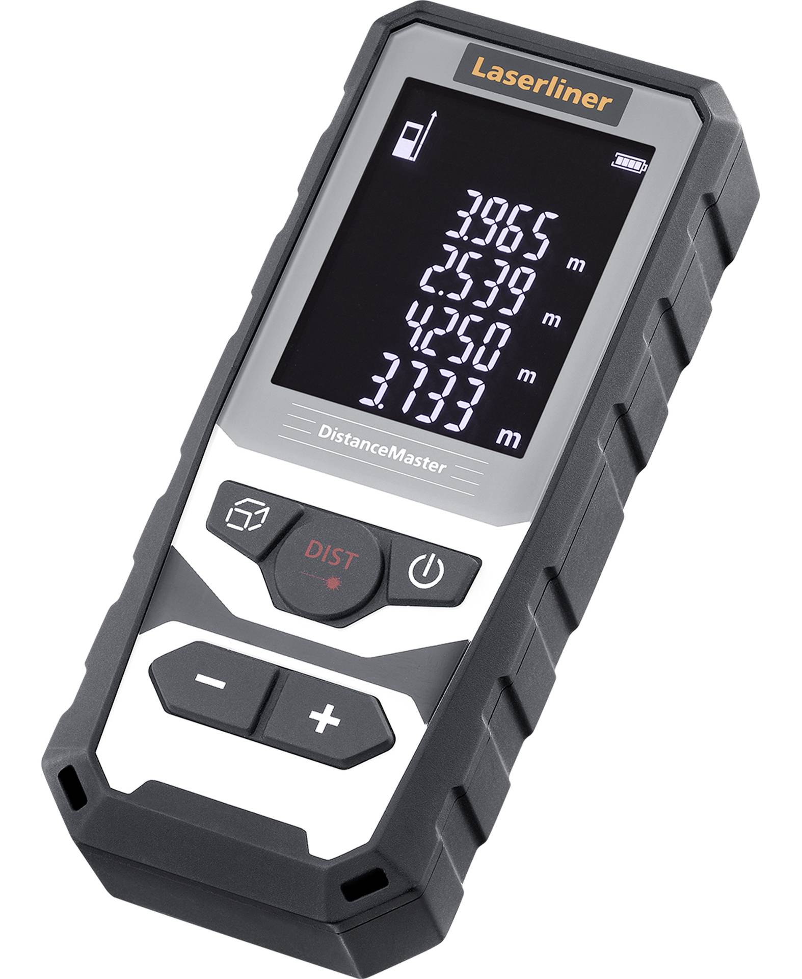 An electronic distance measuring device with a digital display that shows multiple measurement values in millimetres.
