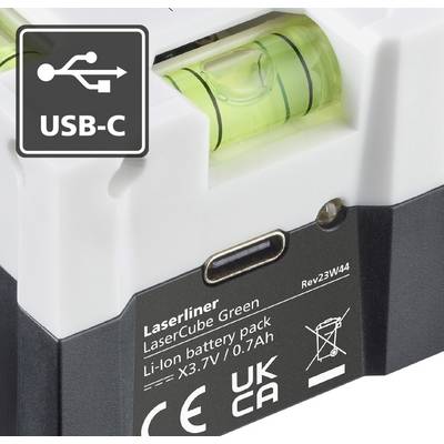 Laser level cube with USB-C connection and integrated spirit level. Battery type: Li-Ion, 3.7V/0.7Ah.