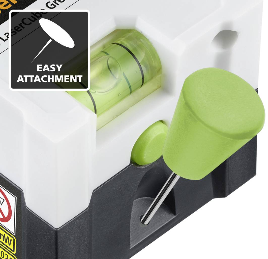 'Spirit level with green rotating handle for fastening. Plaque with text 'EASY ATTACHMENT'.'