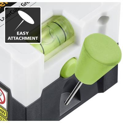 'Spirit level with green rotating handle for fastening. Plaque with text 'EASY ATTACHMENT'.'