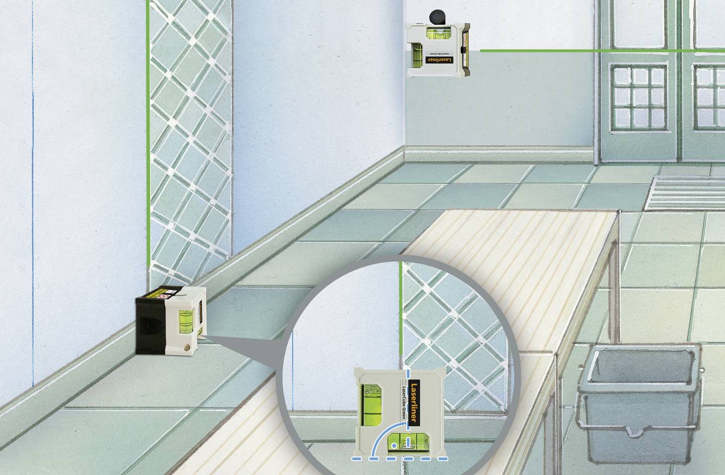 A room with tiled flooring, a laser levelling device projecting green lines on walls and floor. Magnification reveals more precise details of the laser.