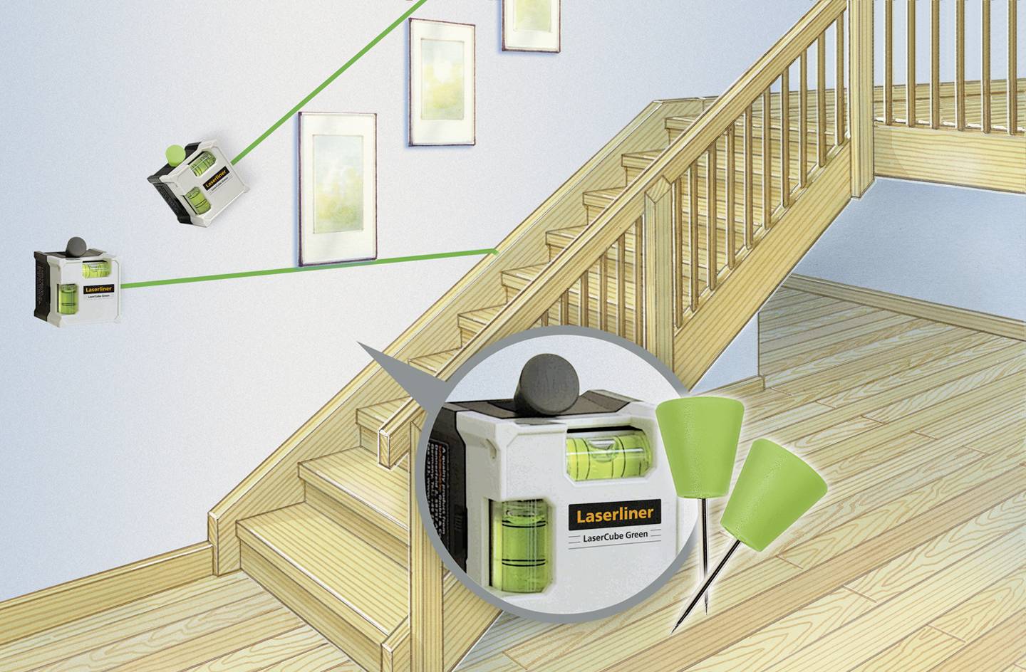 Laser spirit level when aligning pictures on a staircase wall. The green laser beam indicates the correct horizontal line.