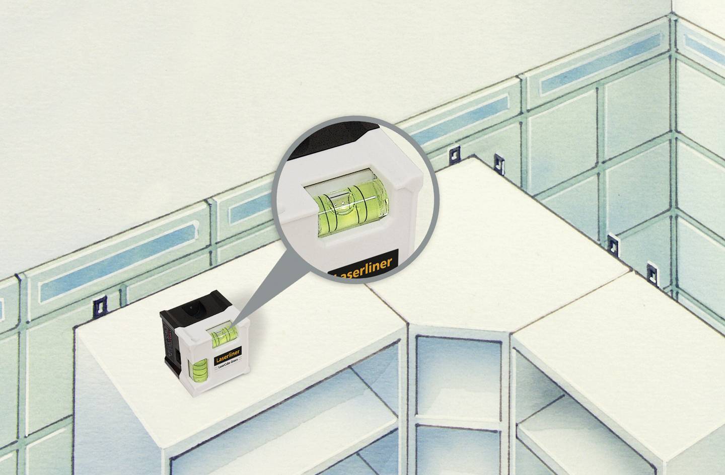 A spirit level on a kitchen worktop shows that the surface is level. Magnification highlights the bubble indicator.