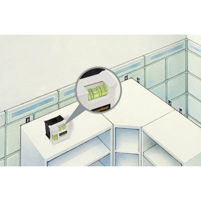 A spirit level on a kitchen worktop shows that the surface is level. Magnification highlights the bubble indicator.