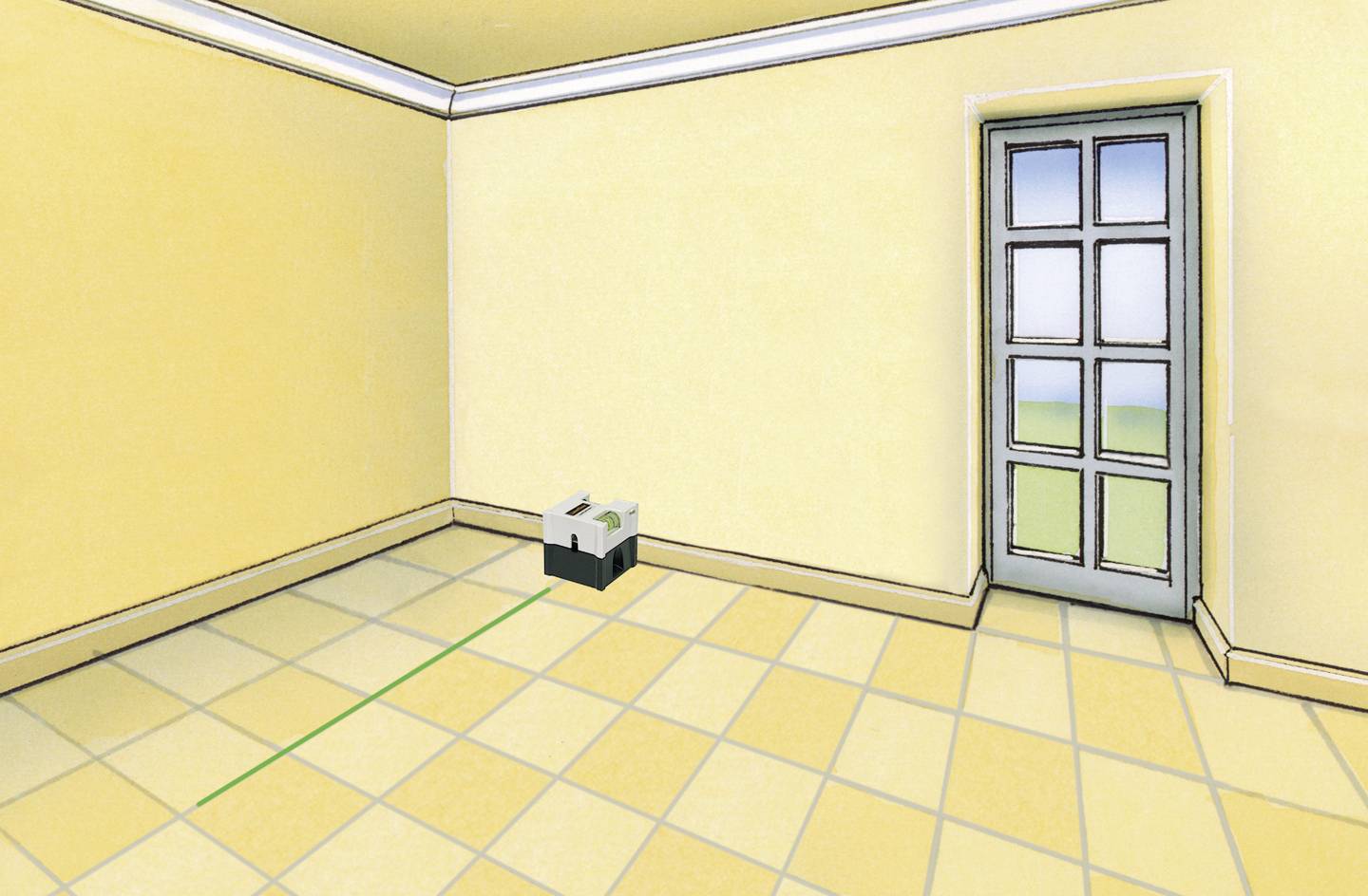An empty room with cream-coloured walls and tiled flooring. A large door with glass windows stands open. A cardboard box is situated in the right-hand corner.