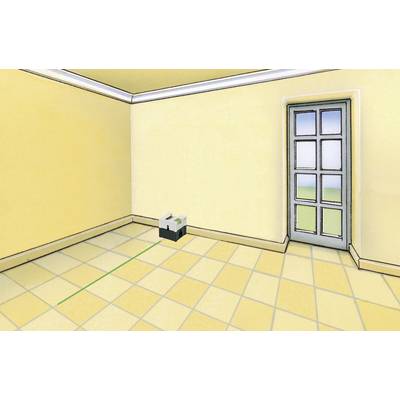An empty room with cream-coloured walls and tiled flooring. A large door with glass windows stands open. A cardboard box is situated in the right-hand corner.